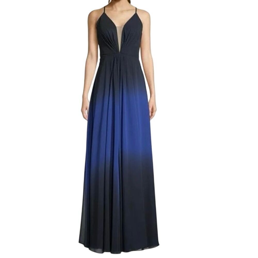 New Betsy & Adam Blue Ombre Lace Up Back Deep‎ V-Neck Long Gown Dress Sz 0